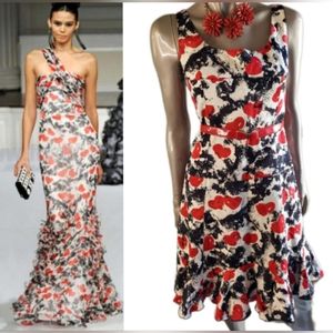 Oscar de la Renta Black and Red Patterned Midi Dress